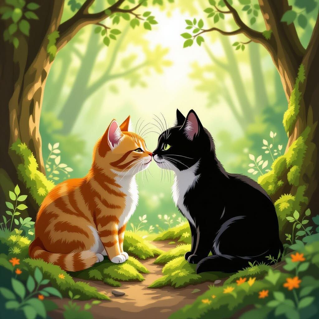 Two Cats Touching Noses in Sun-Dappled Forest Clearing