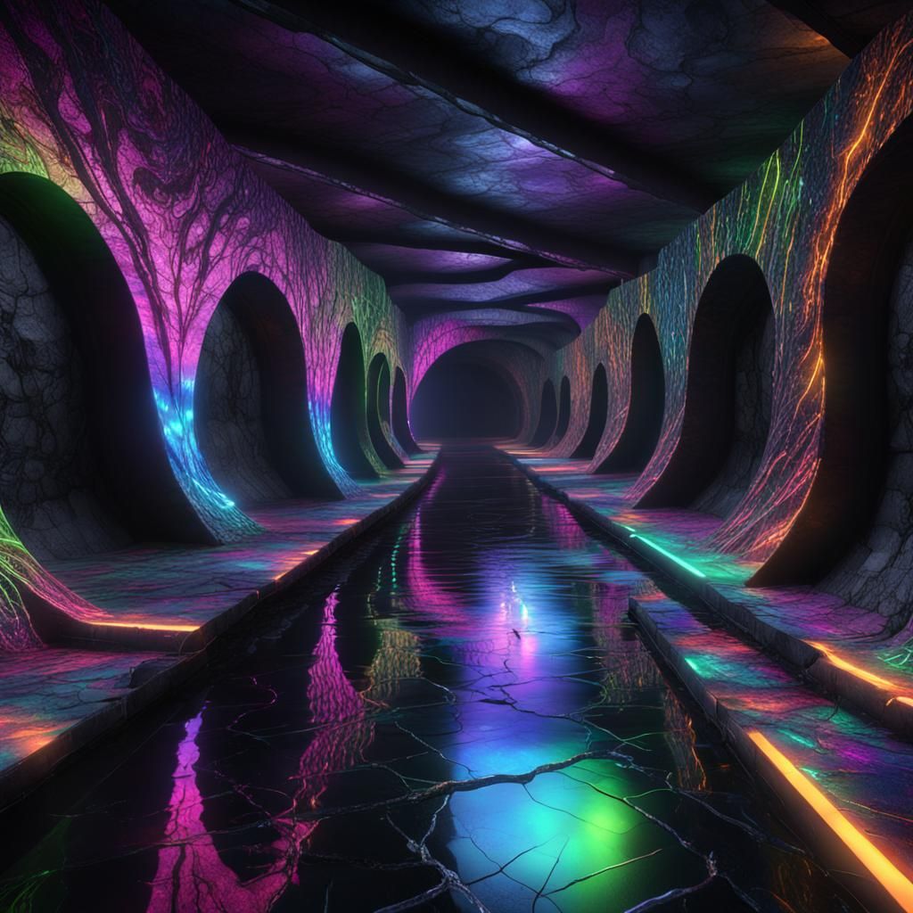 Iridescent Marble Tunnels Lit by Neon Crystals