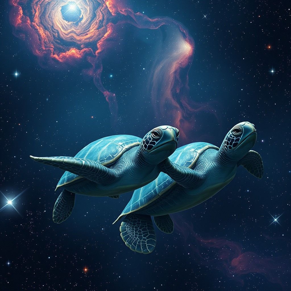 Turtles Swim Galaxy in Hyperrealistic Sci-Fi Style