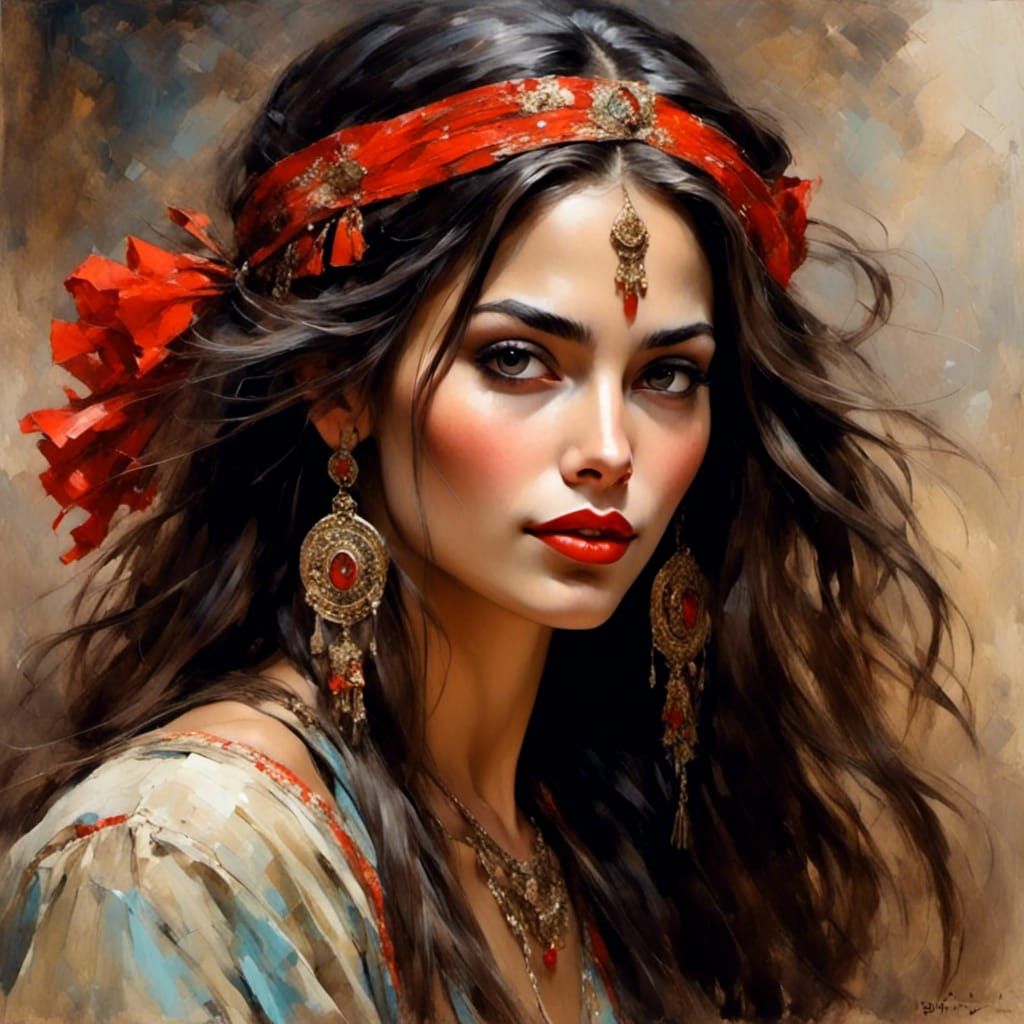 Portrait of a Beautiful Gypsy Woman with Red Lips