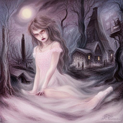 Ethereal Horror Girl Painting in Kinkade Style