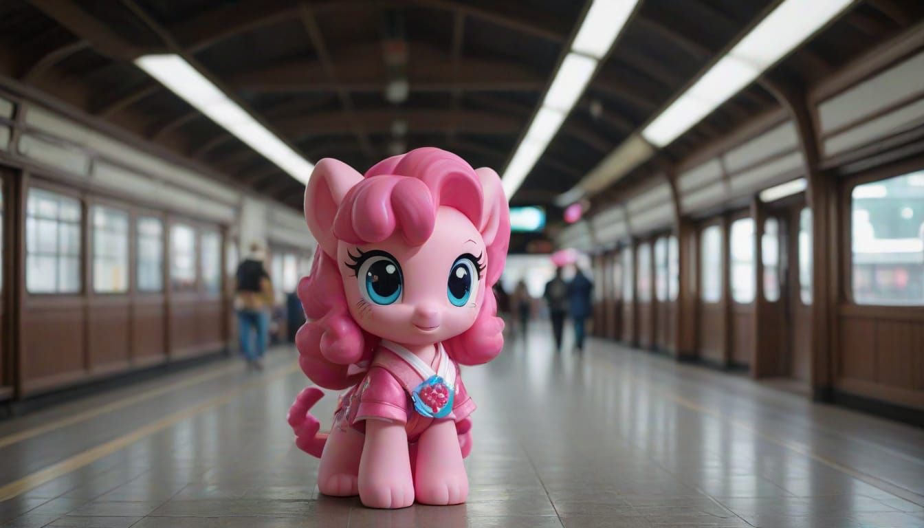 cute chibi wuxia Pinkie Pie daoiat monk looking at me in a Japanese train station setting Cinematic film still, shot on ...