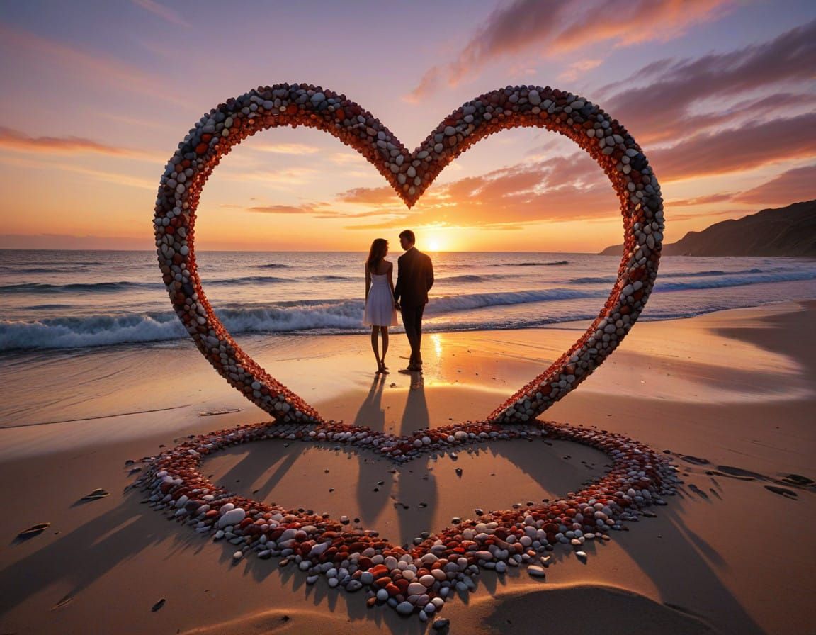 Romantic Sunset Scene with Mosaic Heart on Beach