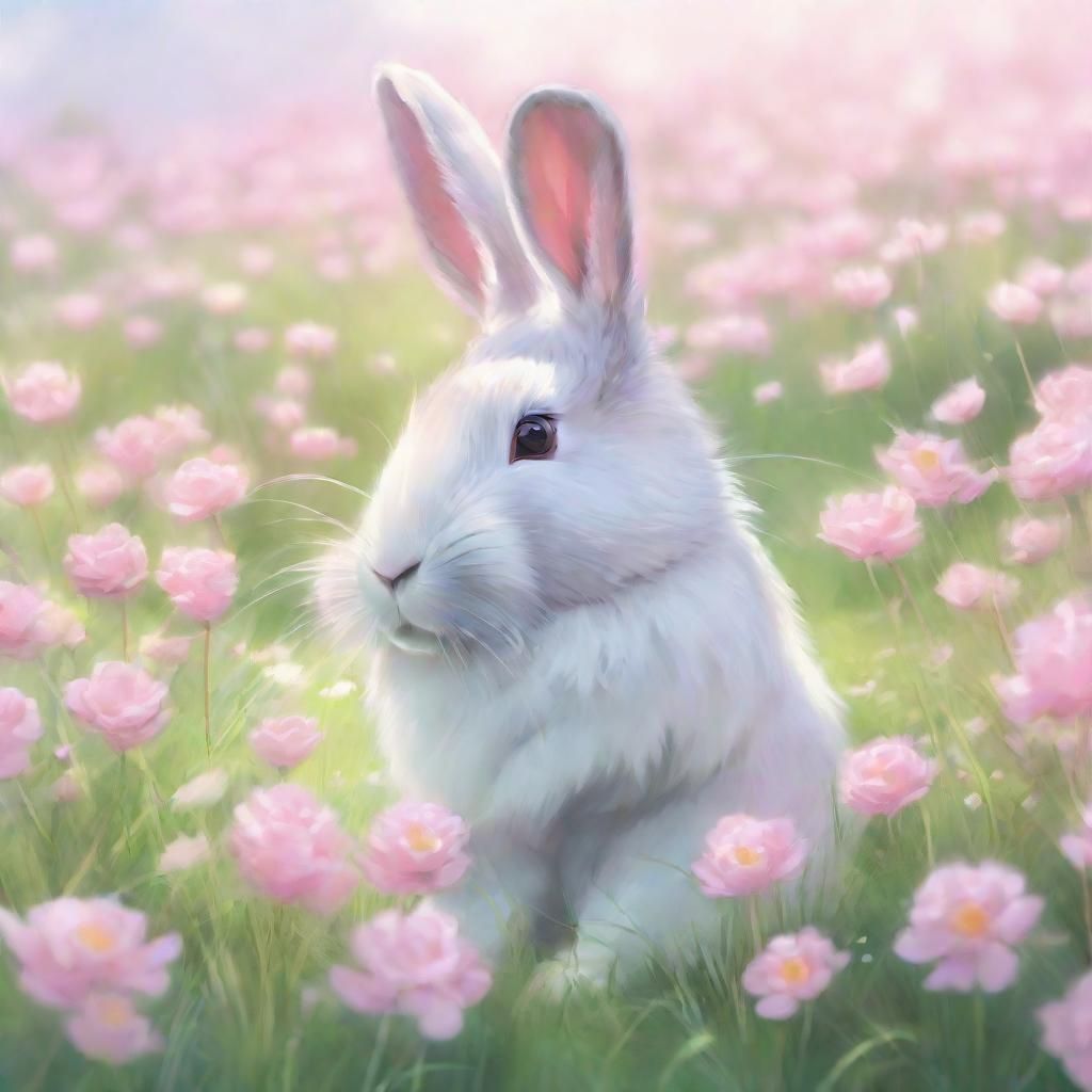 Rabbit in Pastel Meadow: Anime-Inspired Digital Art