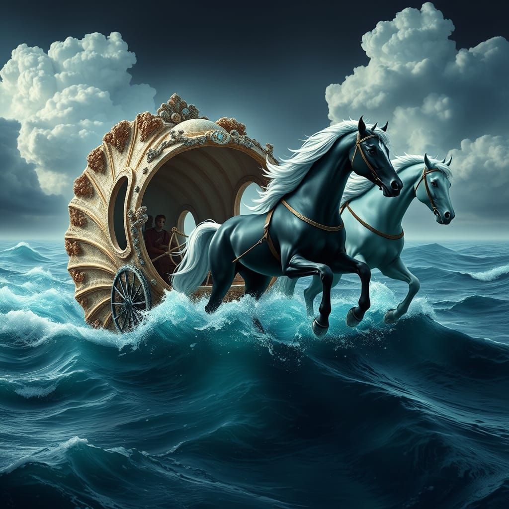 Seashell Chariot Pulled by Mythical Horses
