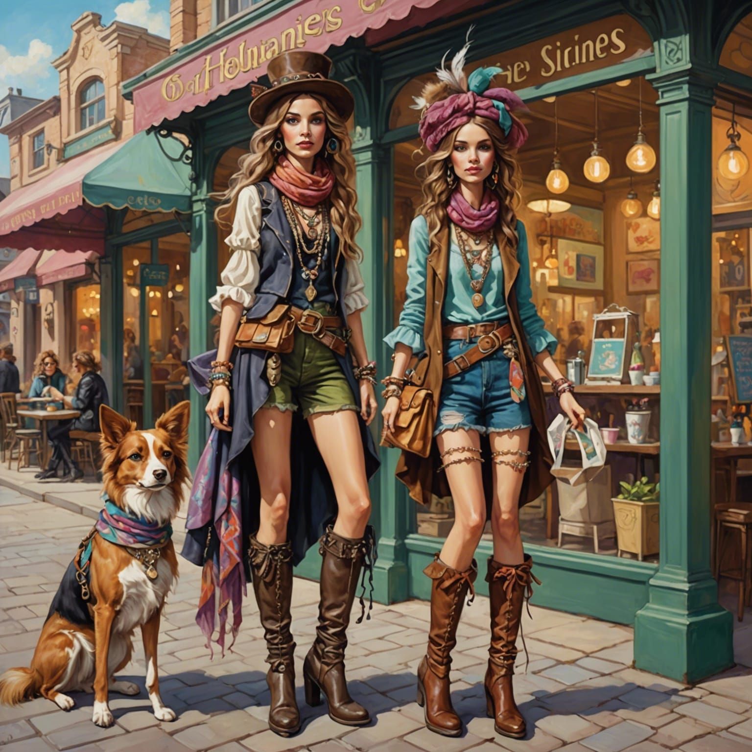 Bohemian Women Caricature with Tiny Dragon in Fantasy Scene