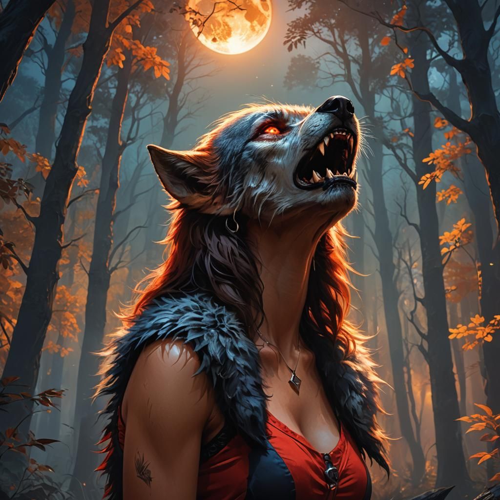 Teenage Girl Werewolf Howling at the Moon