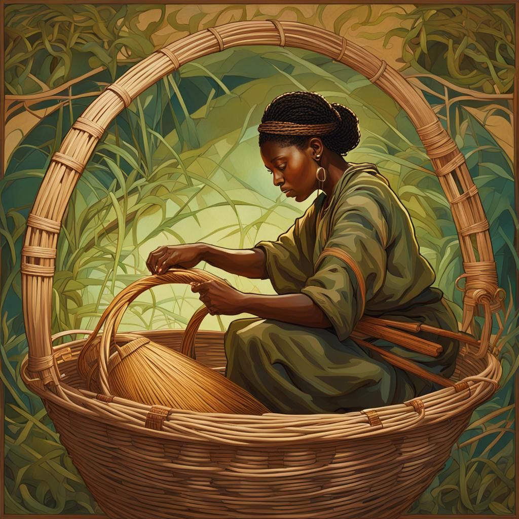 Person Weaving Basket in Art Nouveau Style