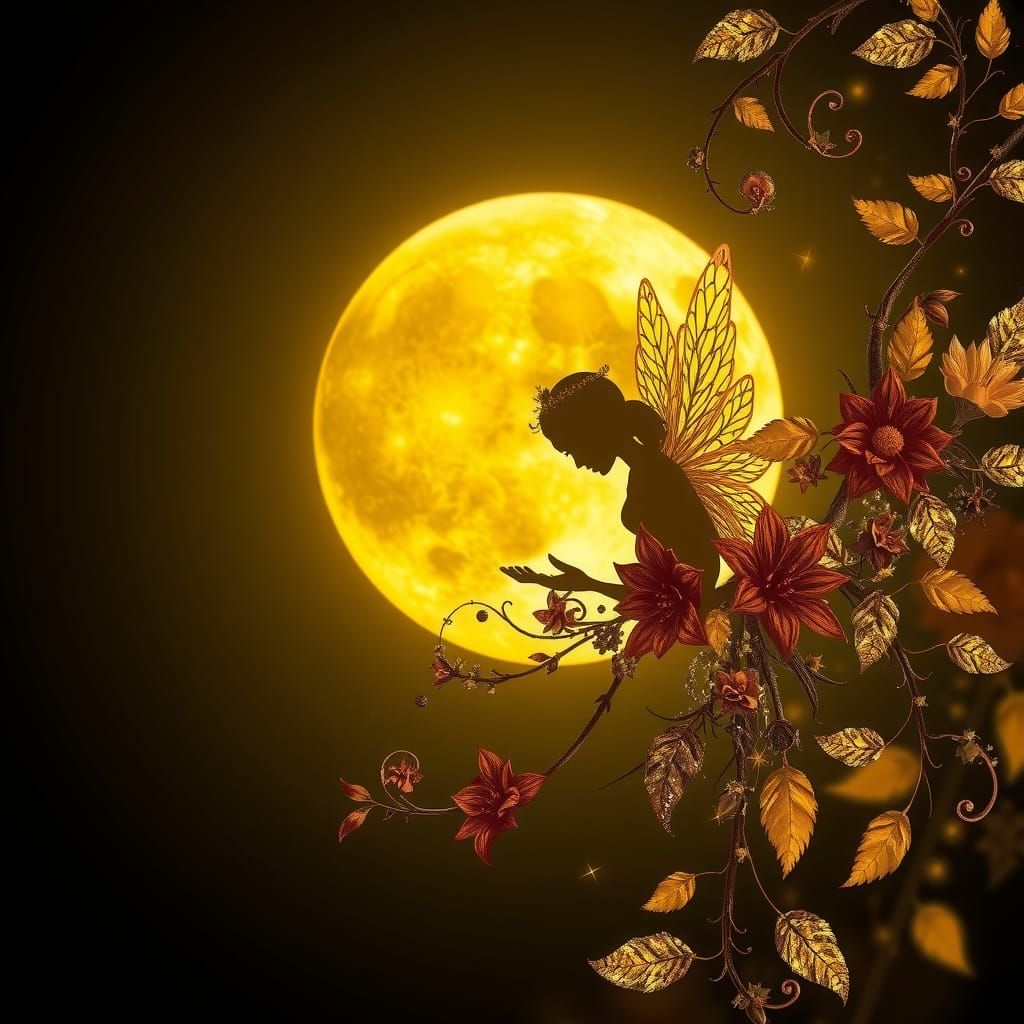 A gold moon with gold floral swirls. Gold and silver moon fl...