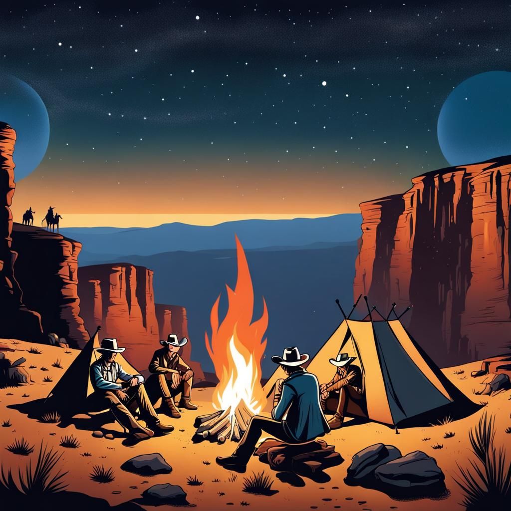 Wild West Cowboys Camping Under Galactic Sky