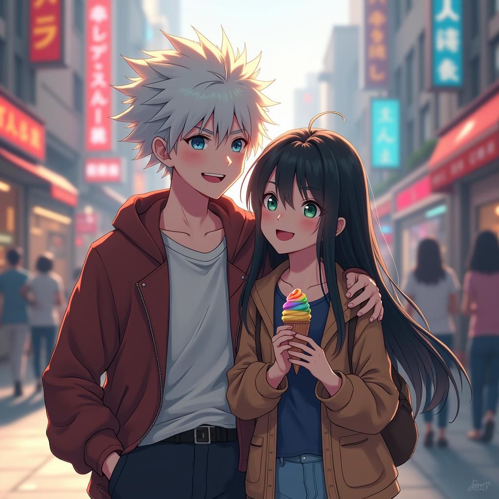 Killua Zoldyck and Girl Strolling in Anime Style
