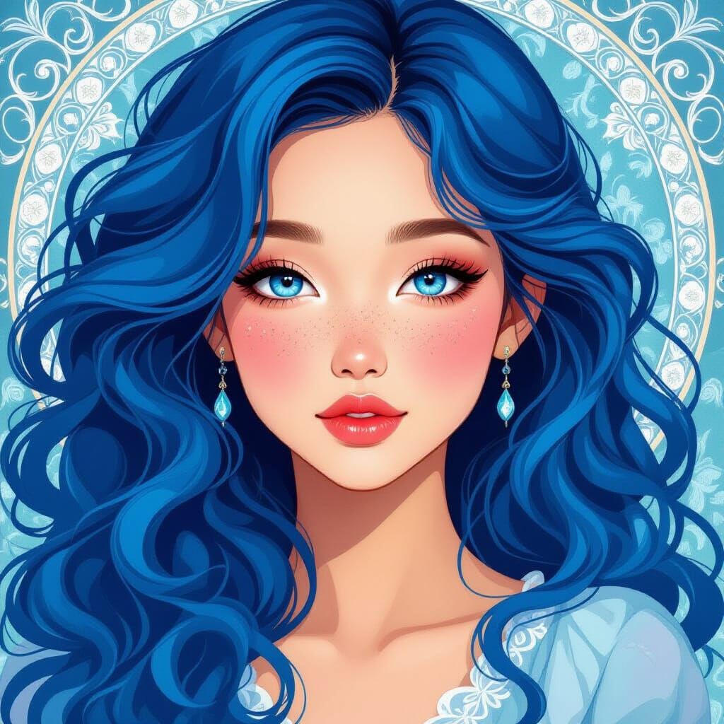 Asian Girl with Heterochromatic Eyes in Art Nouveau Style