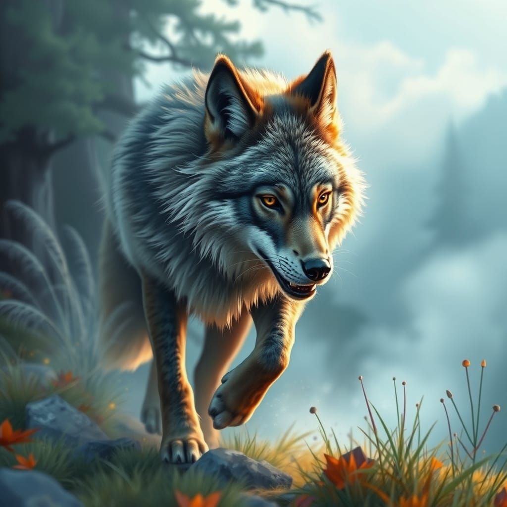 Surreal Autumn Forest Landscape with Majestic Fox in Waterco...