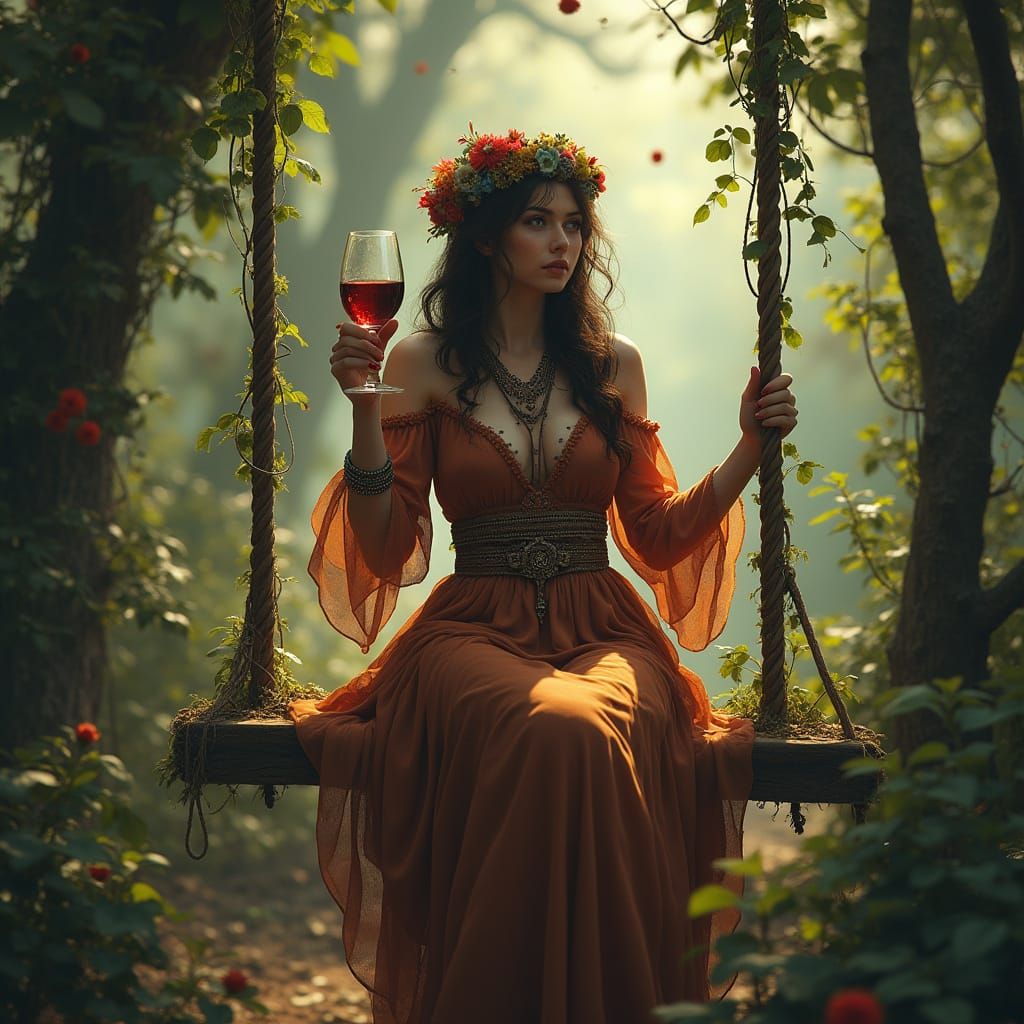 Bohemian Woman on Swing in Fantasy Art Style