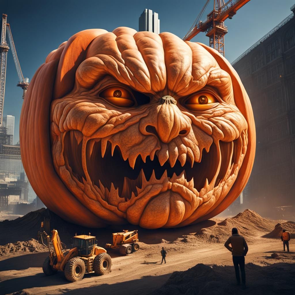 Surreal giant pumpkin on construction site.