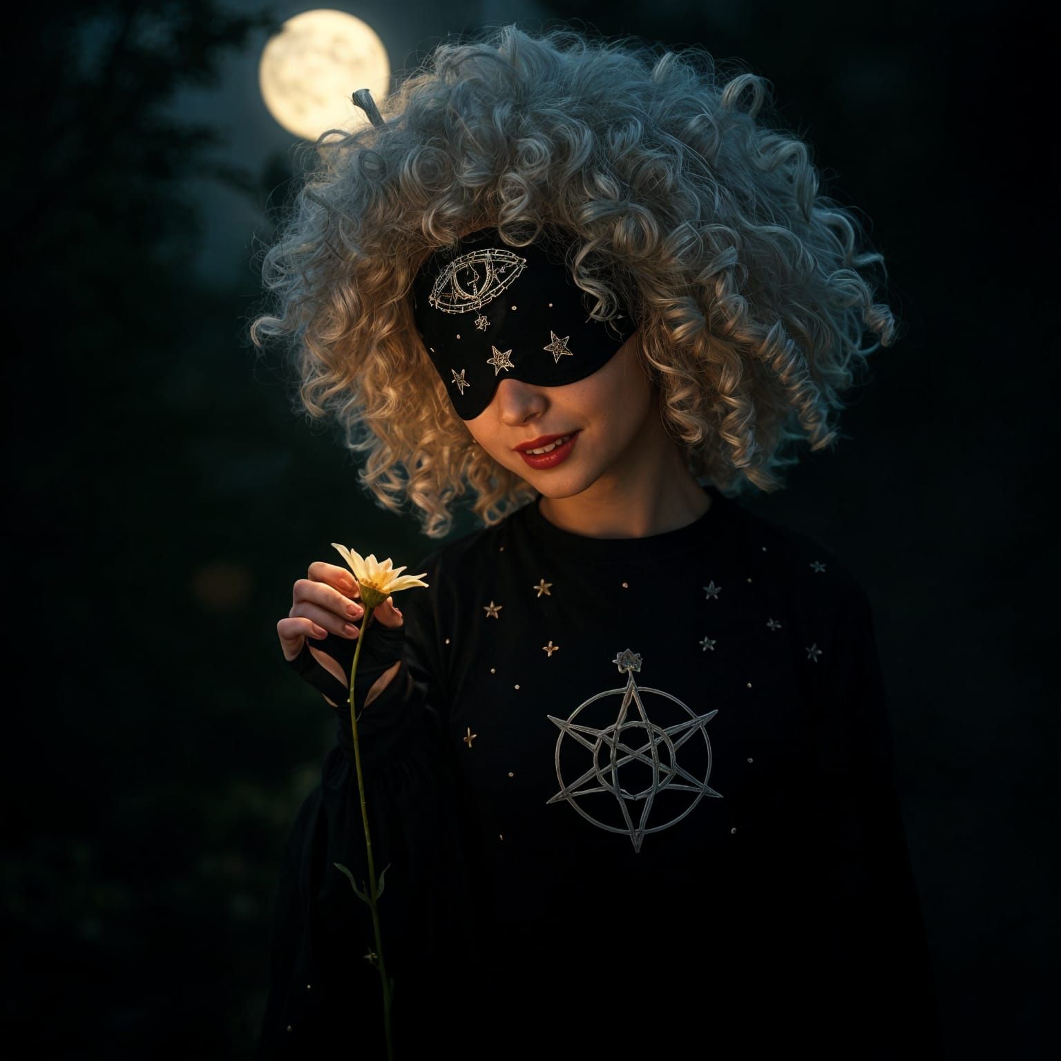 Albino Girl in Starry Dress, Gothic Fantasy Garden