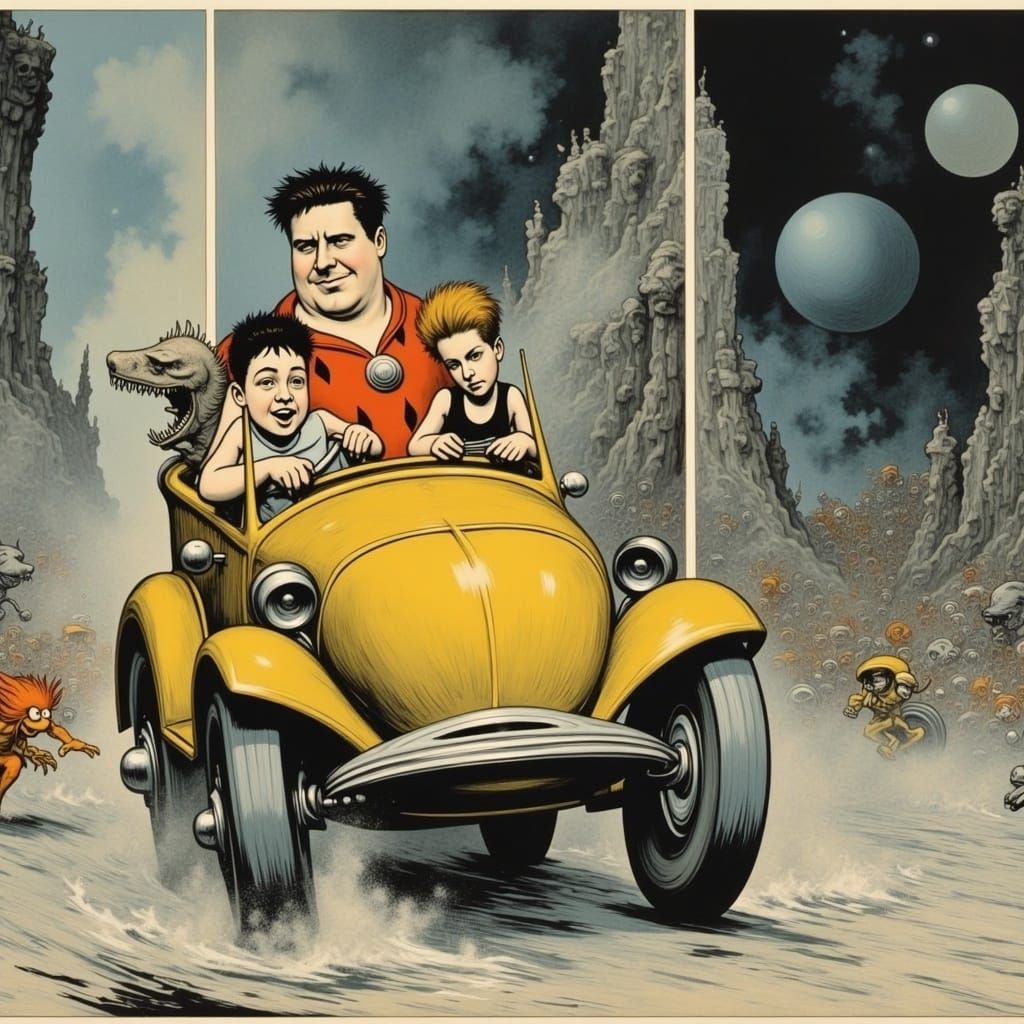 Fred Flintstone Drives His Car