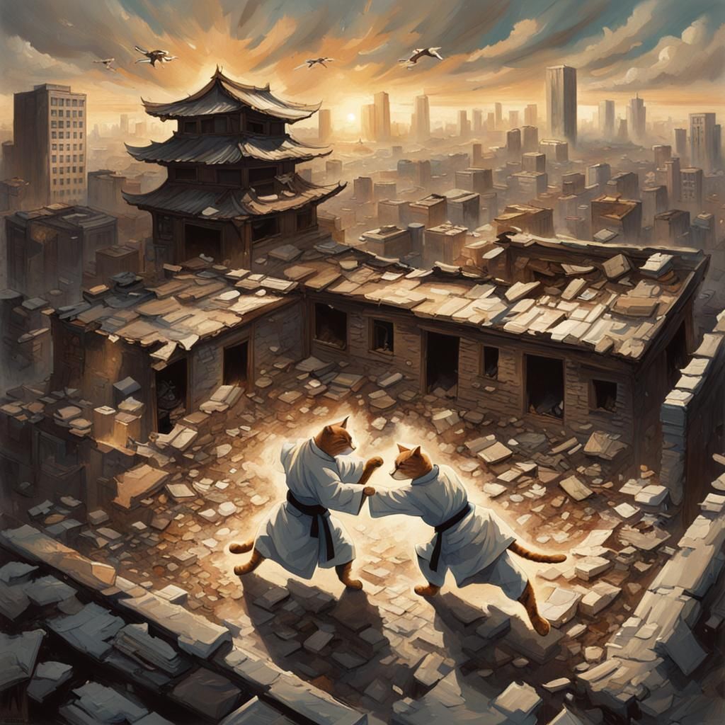 Karate Cats Fight in Ruins Dojo, Sinister Style