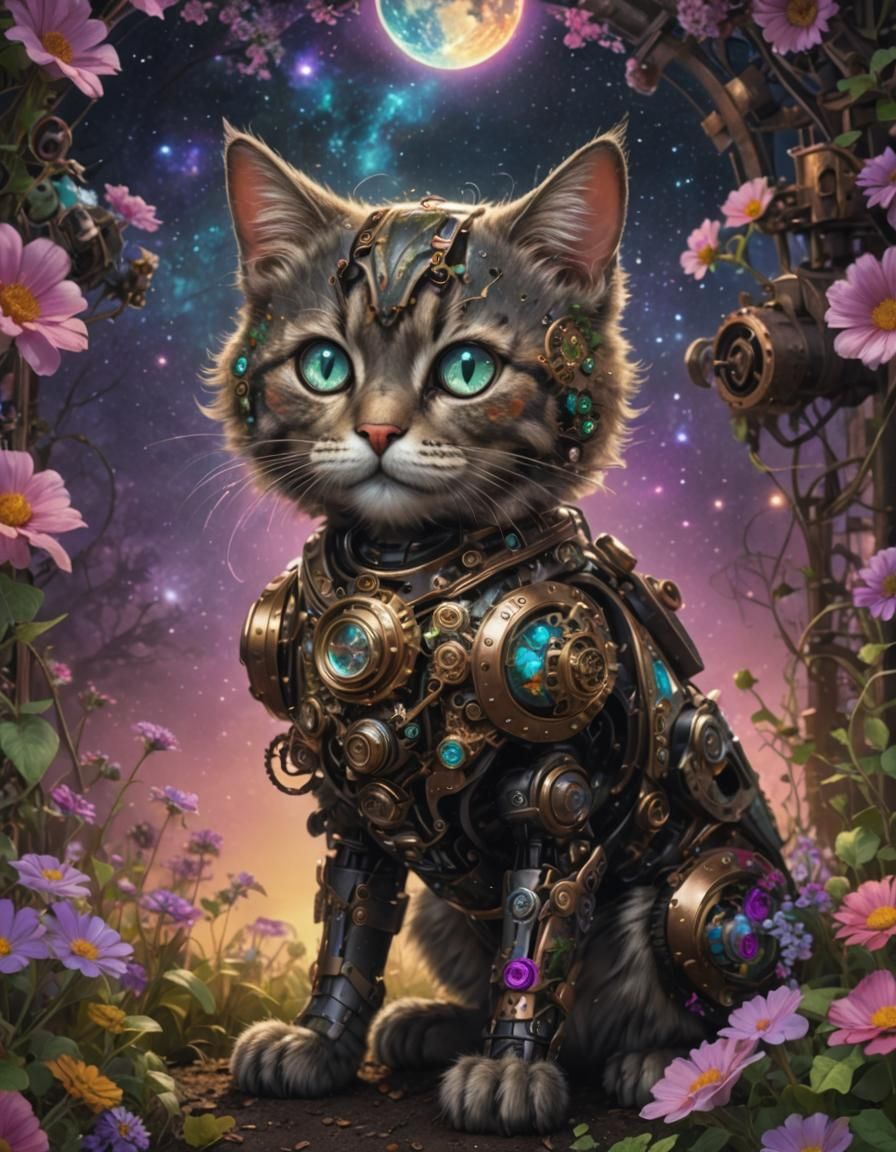 Steampunk Robot Cat in Abandoned Garden
