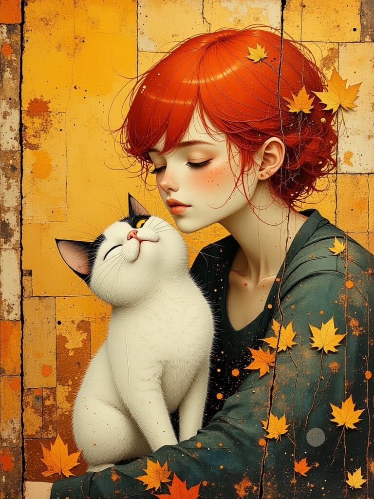 Autumn Red Fairy with Smiling Cat, Divine Oil Painting