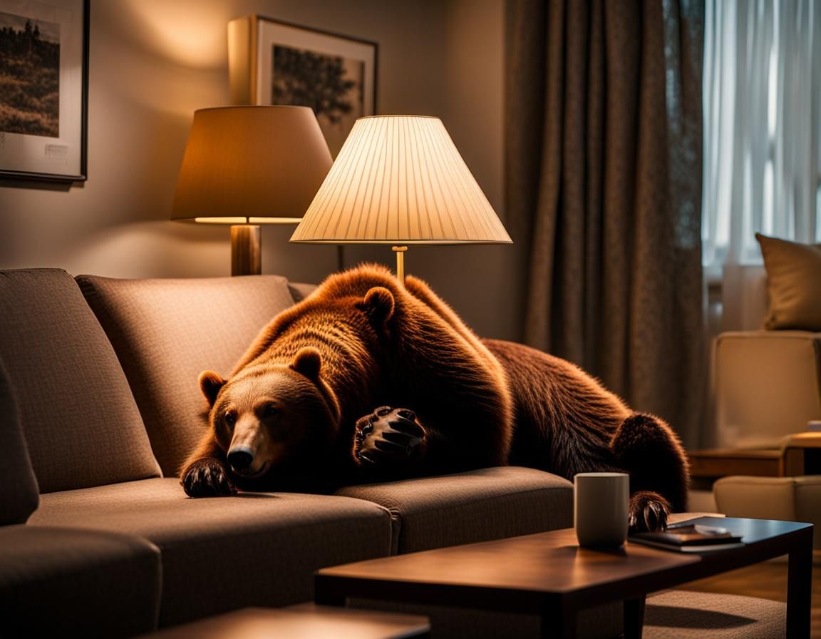 Bear Lounging on Sofa in Living Room at Evening