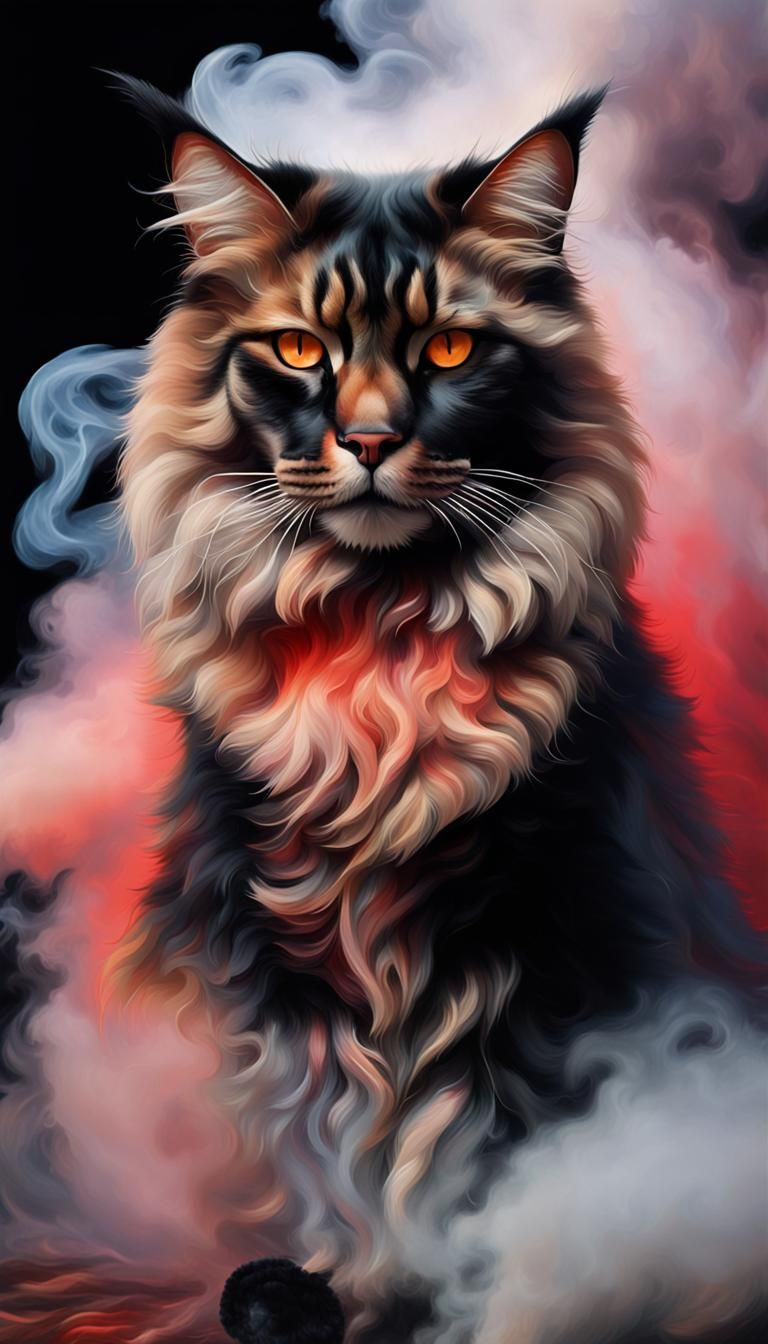 Majestic Smoky Maine Coon Portrait in Oil Painting Style