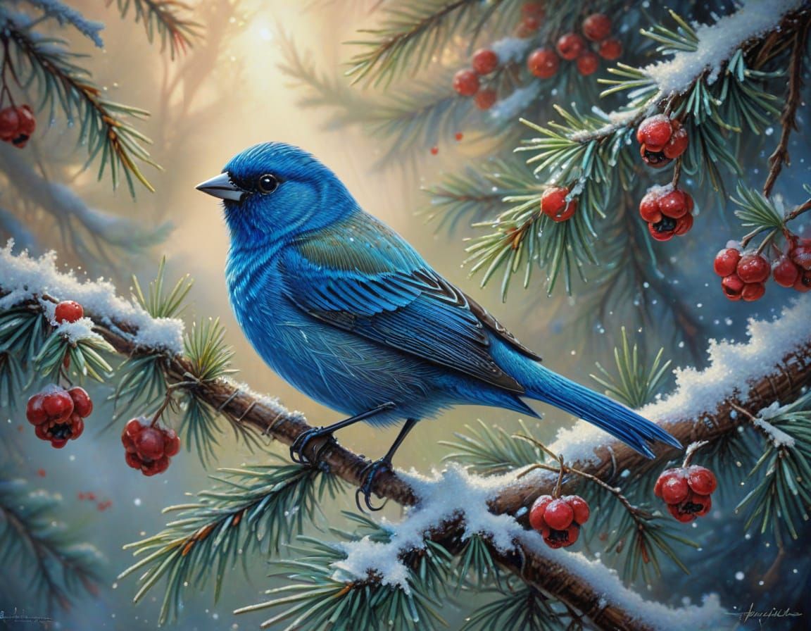Ethereal Indigo Bunting in Snowy Pine Tree
