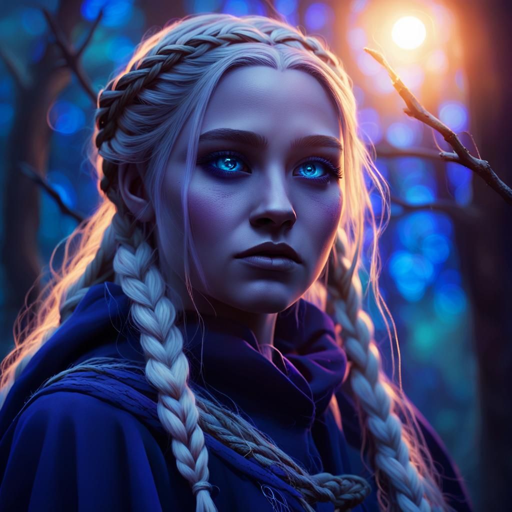 Norwegian Witch in Moonlit Forest: Digital Art