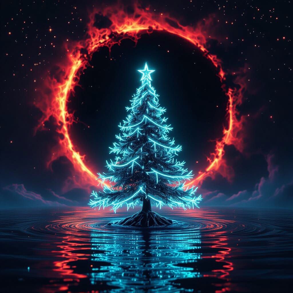Neon Water Christmas Tree & Earth Devoured by Black Hole
