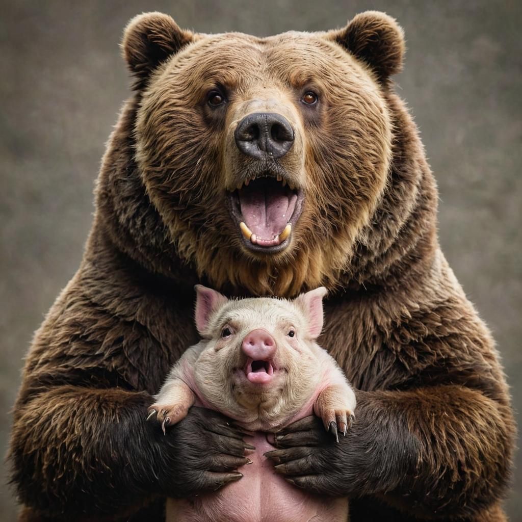 Surprised Obese Grizzly Bear Holding a Piglet