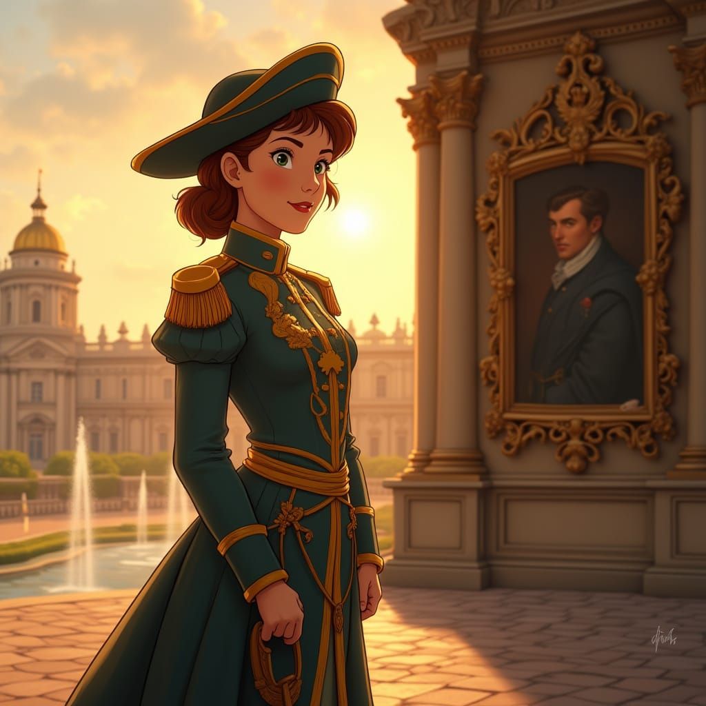 Regal Princess in Classic Animation Style Leads Palace Guard...