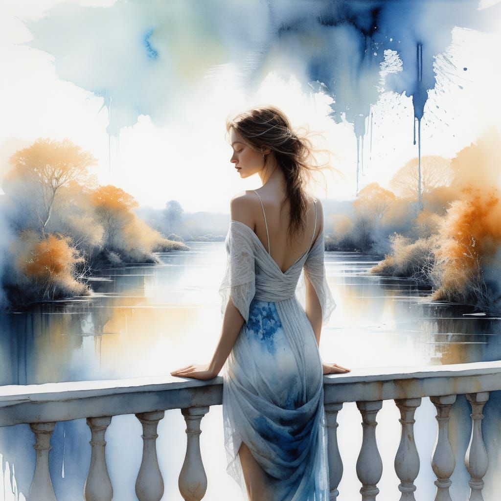 Surreal Fine Art: Woman Gazes at Luminous Riverside Dusk