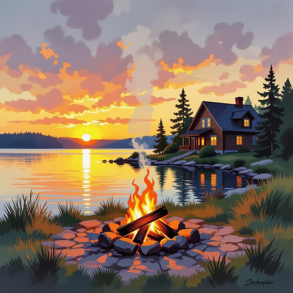 Sunset Lake House Fire in Gouache Watercolor Style