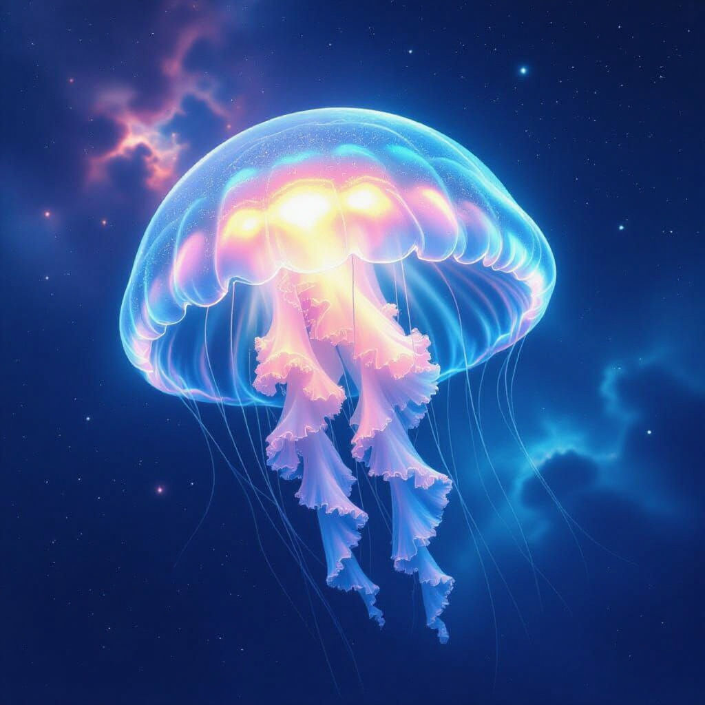 Bioluminescent Jellyfish Drifting Through Nebula Sky