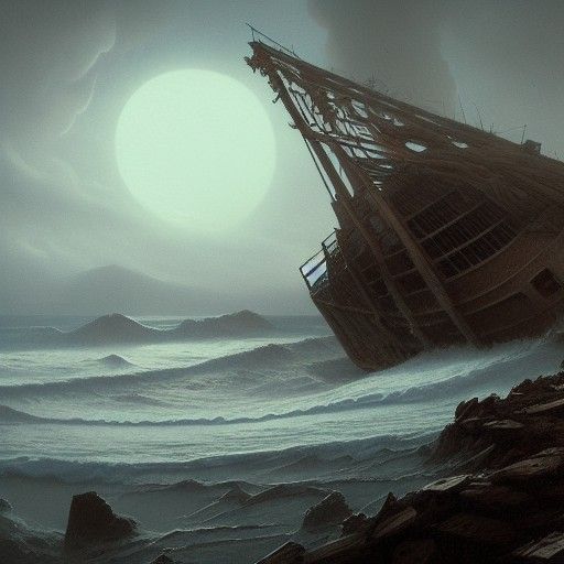 Sinister Shipwreck on Desolate Coastline