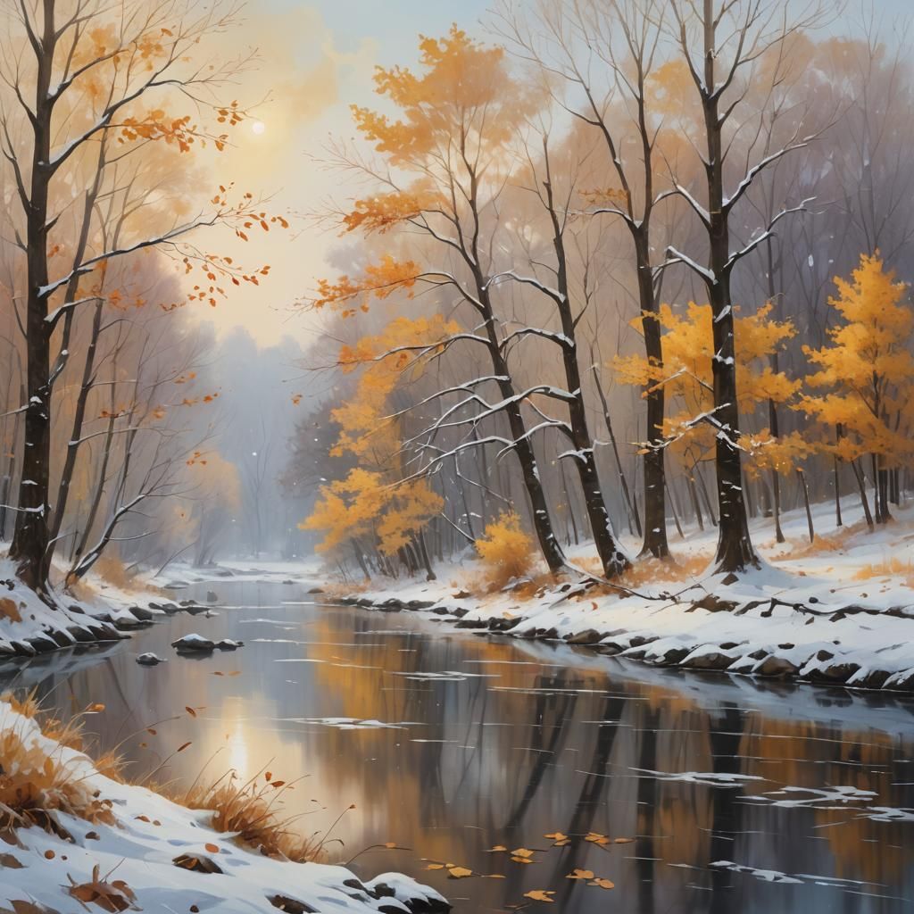 Autumn and Winter Landscape at River's Edge