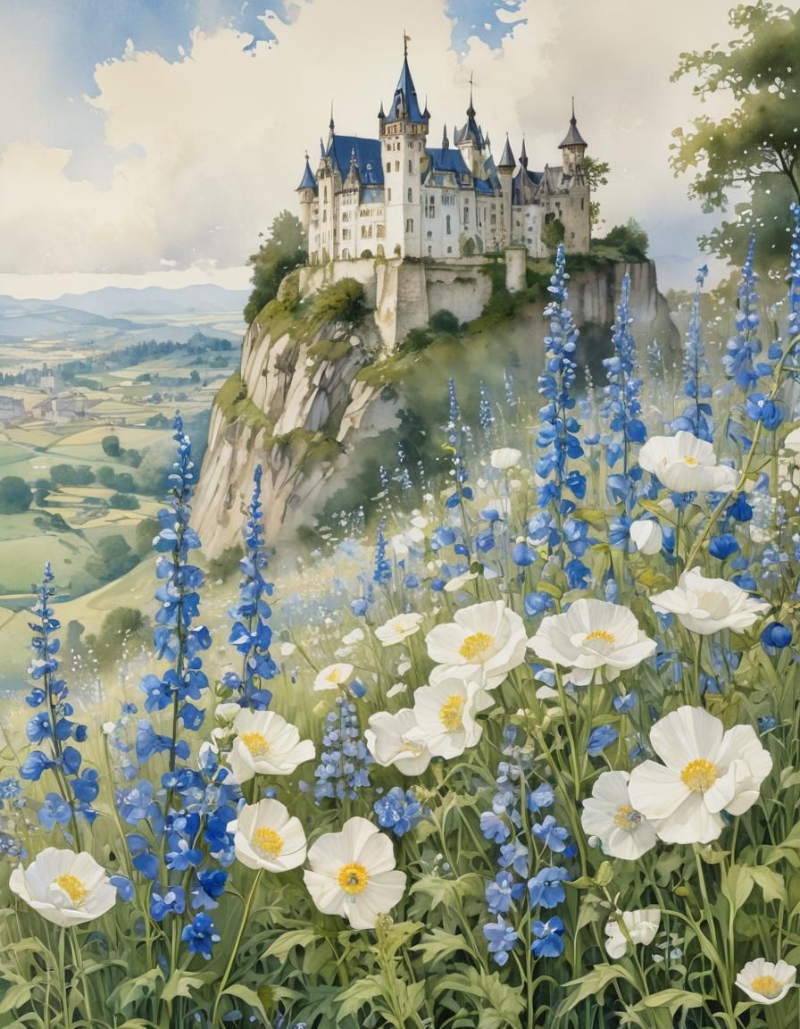 Detailed Floral Watercolor with Castle, Art Nouveau Style