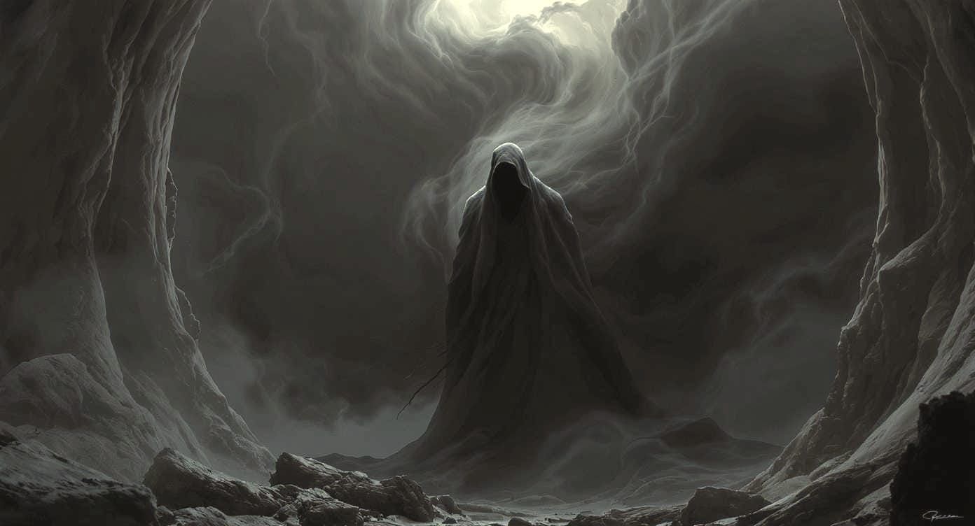 Ominous Shadow Figure in Dark Fantasy Realm