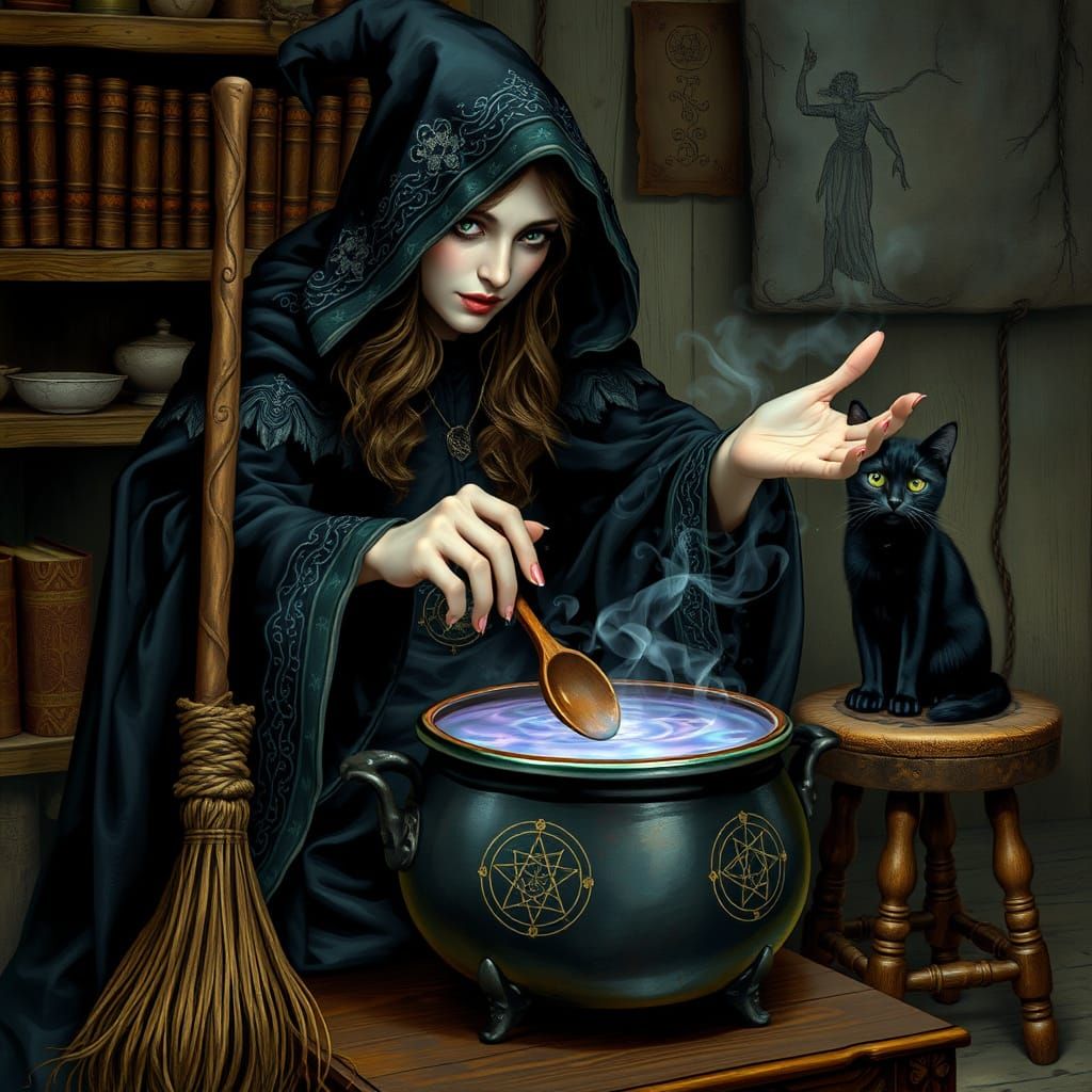 Mystical Witch Stirs Cauldron in Dark Fantasy Scene