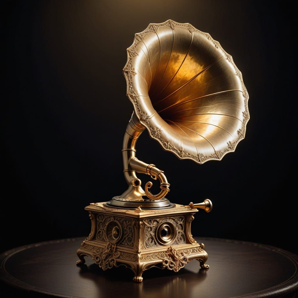 Surreal Golden Gramophone Floating in Dark Void
