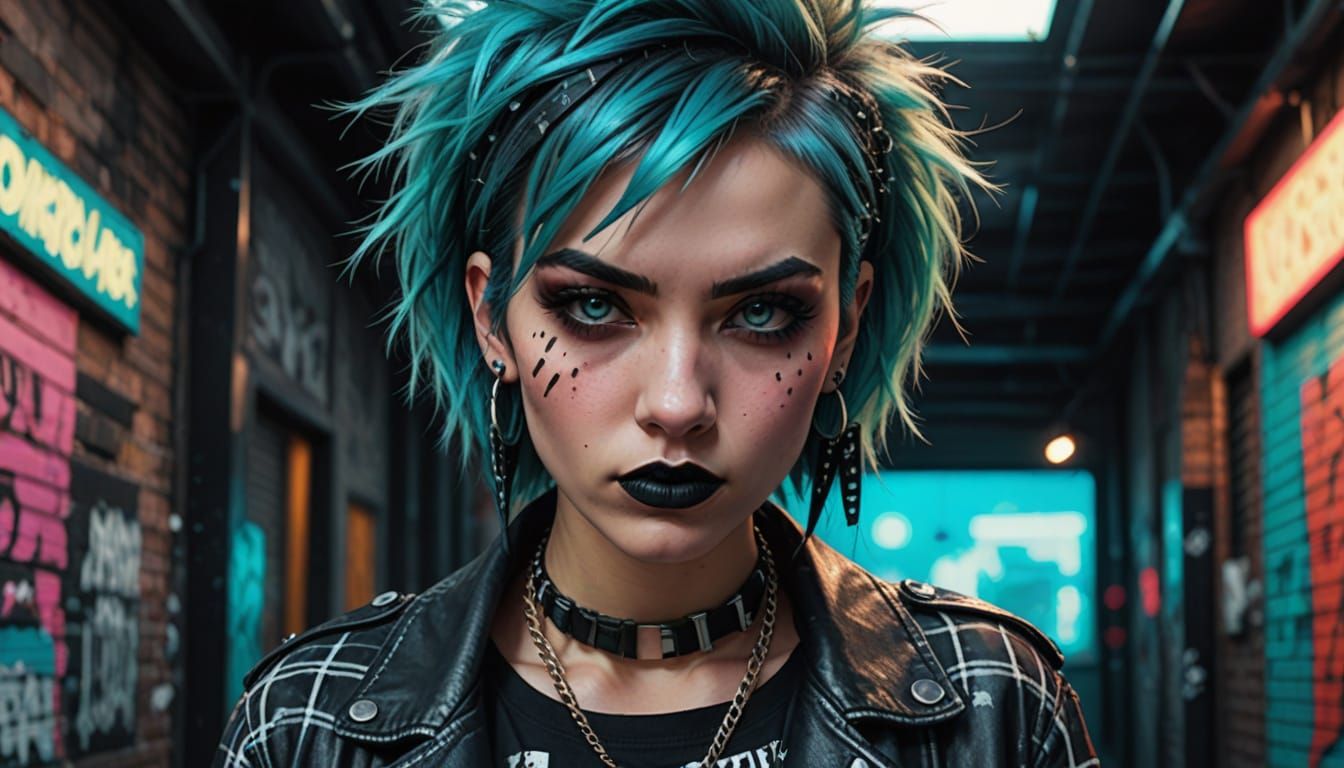 Edgy Punk Girl Portrait with Electric Cyan Hair