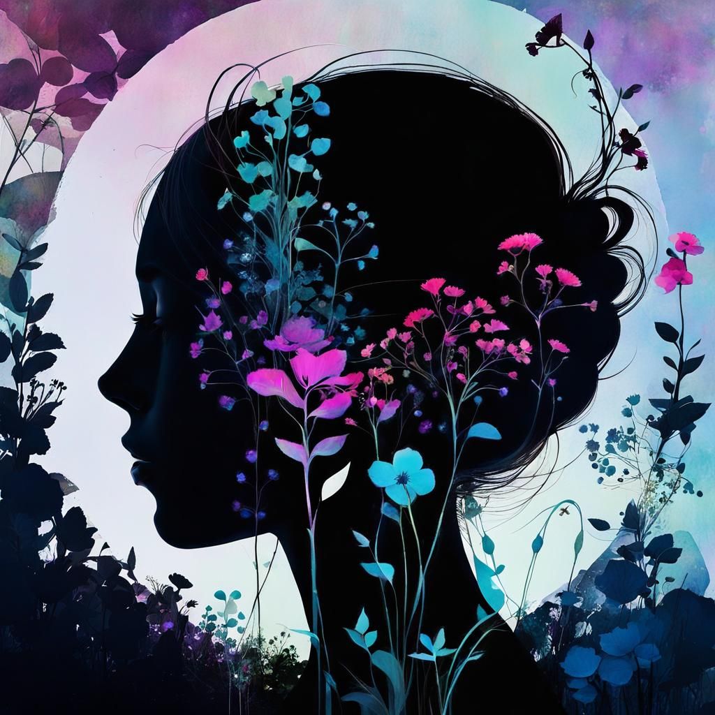 Youthful Girl in Floral Silhouette Collage