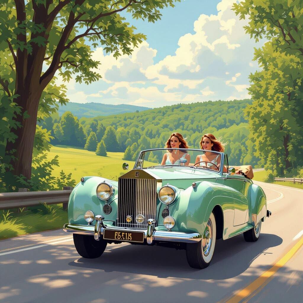 Elegant Women Drive Vintage Rolls Royce in Scenic Landscape