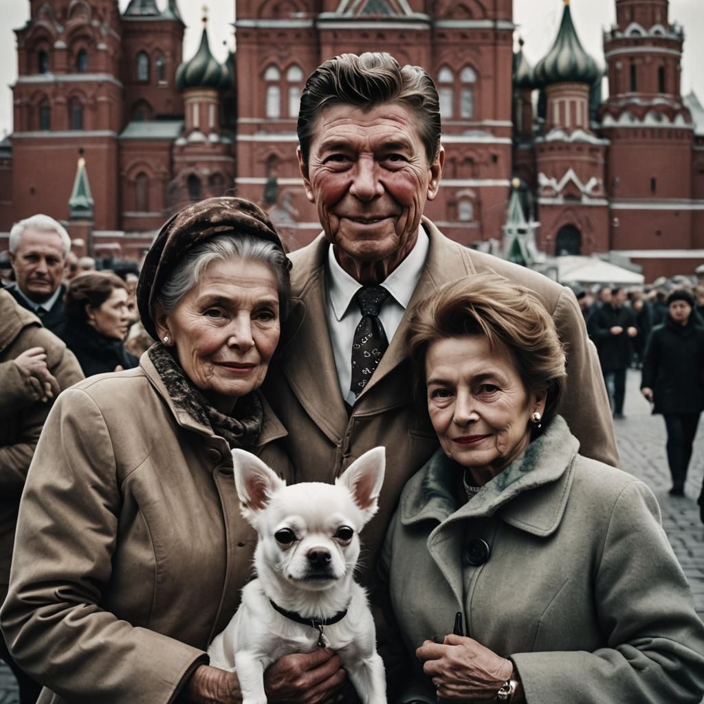 Reagan and Nancy on Red Square with Chihuahua