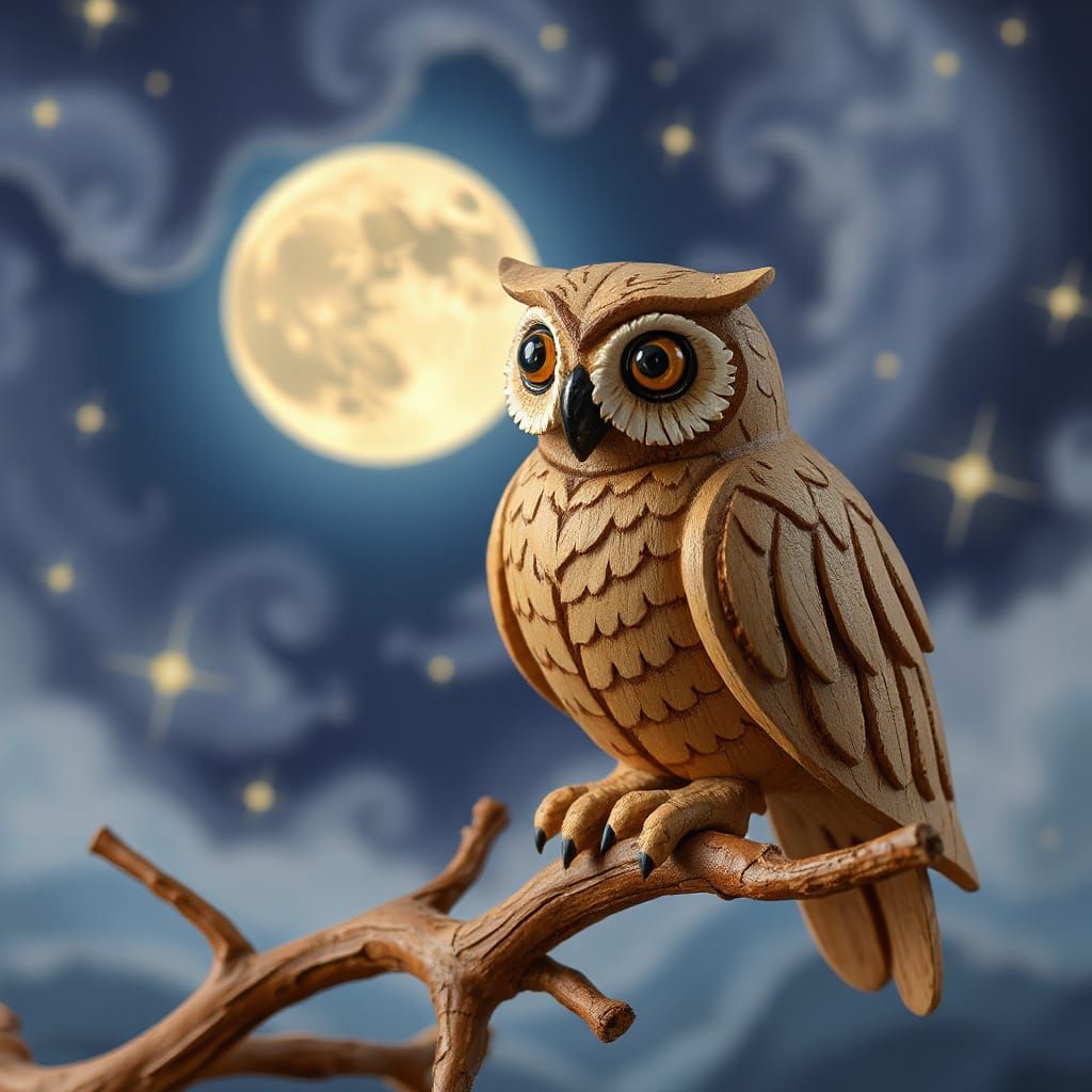 Woodcrafted Barn Owl Figurine with Moonlit Background