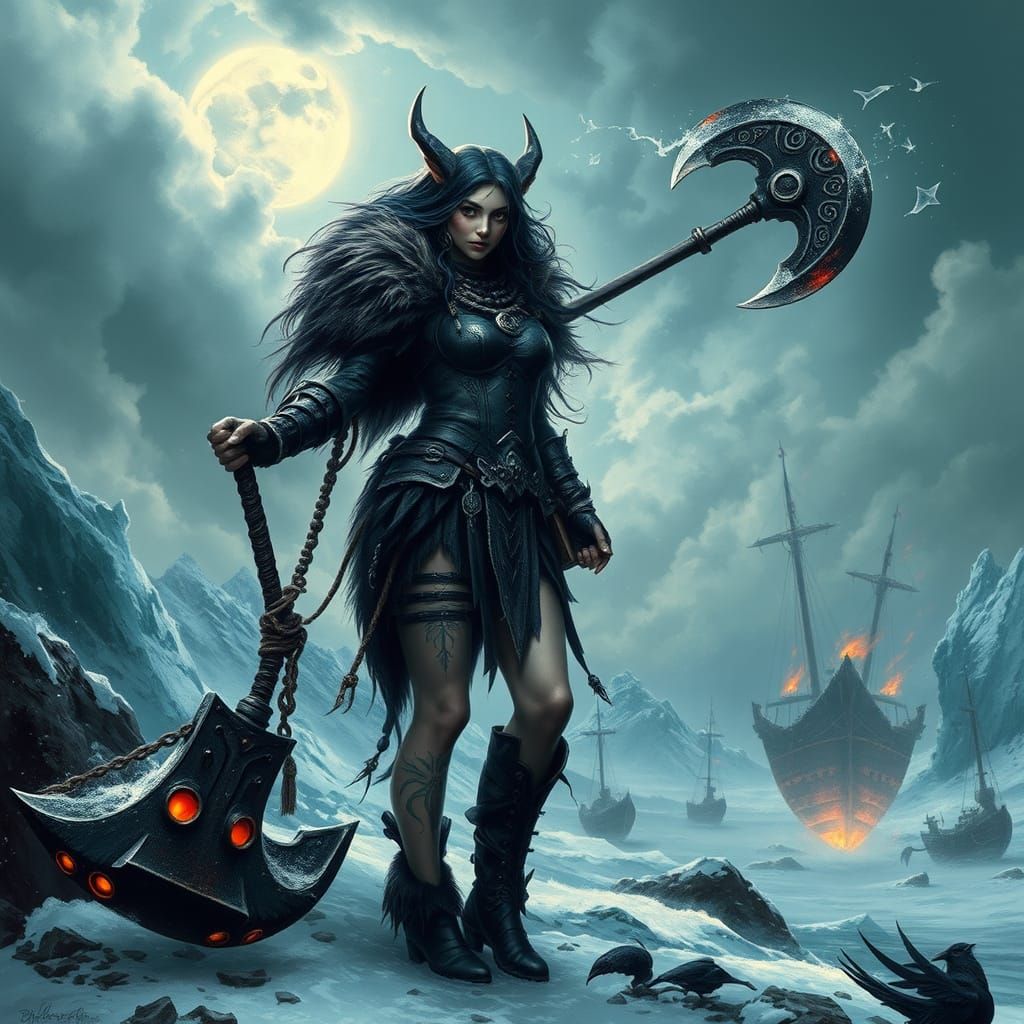 Gothic Valkyrie in Frozen Fjord with Rune-Axe