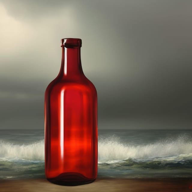 Red Bottle in Dark Ocean: Hyperrealistic Fine Art
