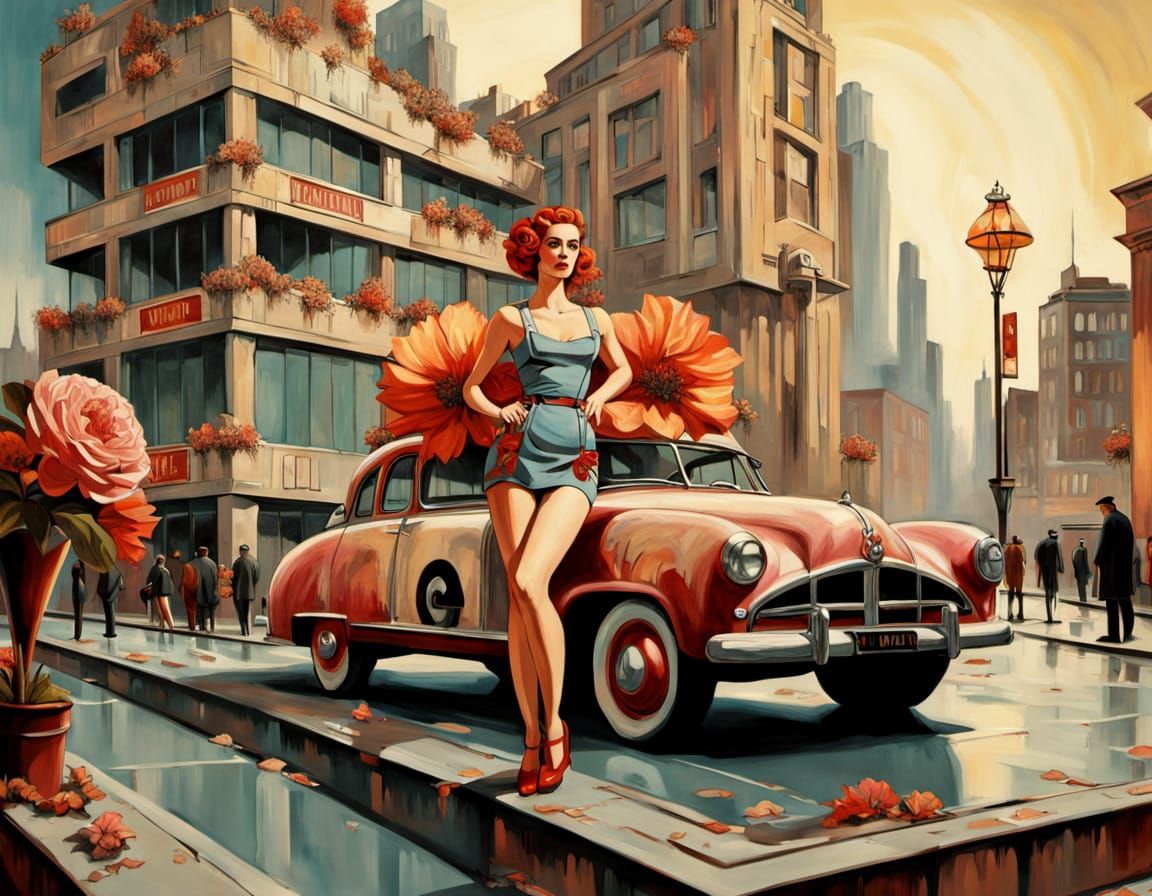 Surreal Postman in Art Deco Cityscape, Vintage Fashion Illus...