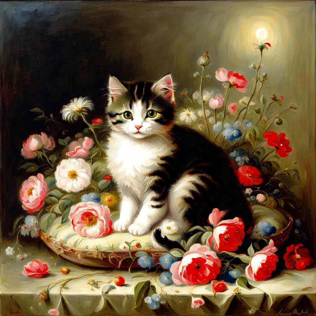 Cat with Flowers in Art Nouveau Style