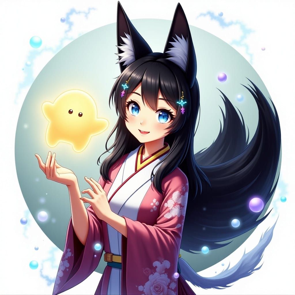 Cartoon Gumiho with Orb in Hanbok